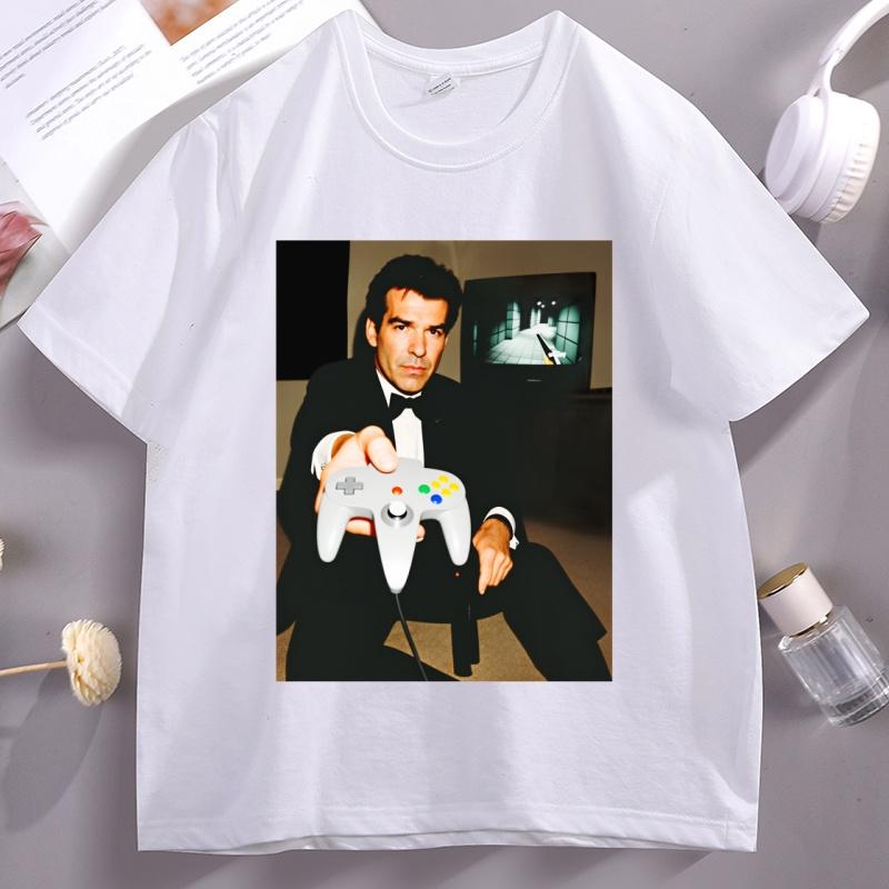 Игровая футболка Golden Eye 007 Повседневный пуловер с круглым вырезом Футболка для геймера Смешные футболки с принтами Свободный круглый вырез Удобная одежда