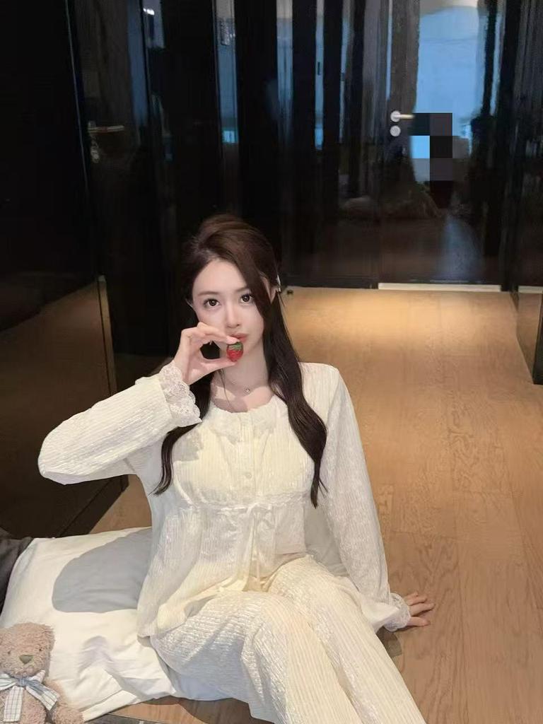 Высококачественная женская пижама в стиле французской принцессы из хлопка Sea Island - Осенне-зимняя, плотный кардиган, домашняя одежда