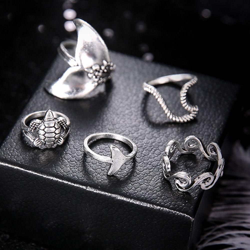 5PCS Geometric Charm Jewelry set Rings Set Whale Tail Waves/Turtle Finger Ring