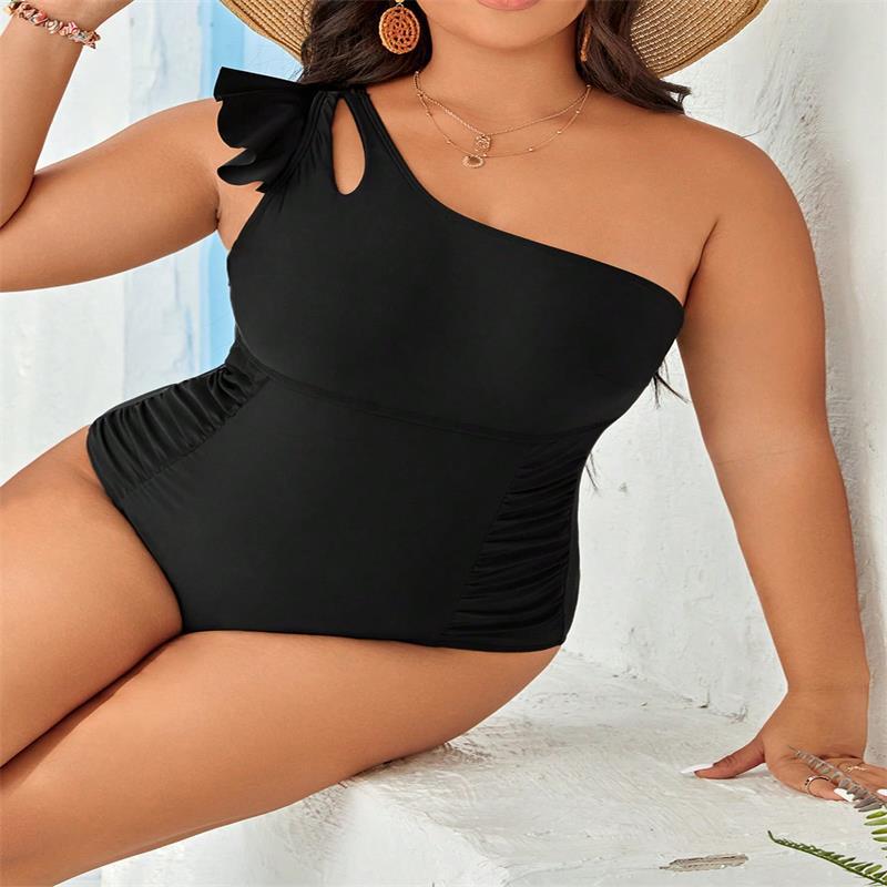 2025 Black Plus Size Swimwear Women One Shoulder Large One Piece Swimsuit Lady Big Swimwear Curvy Brazilian Chubby Bathing Suit