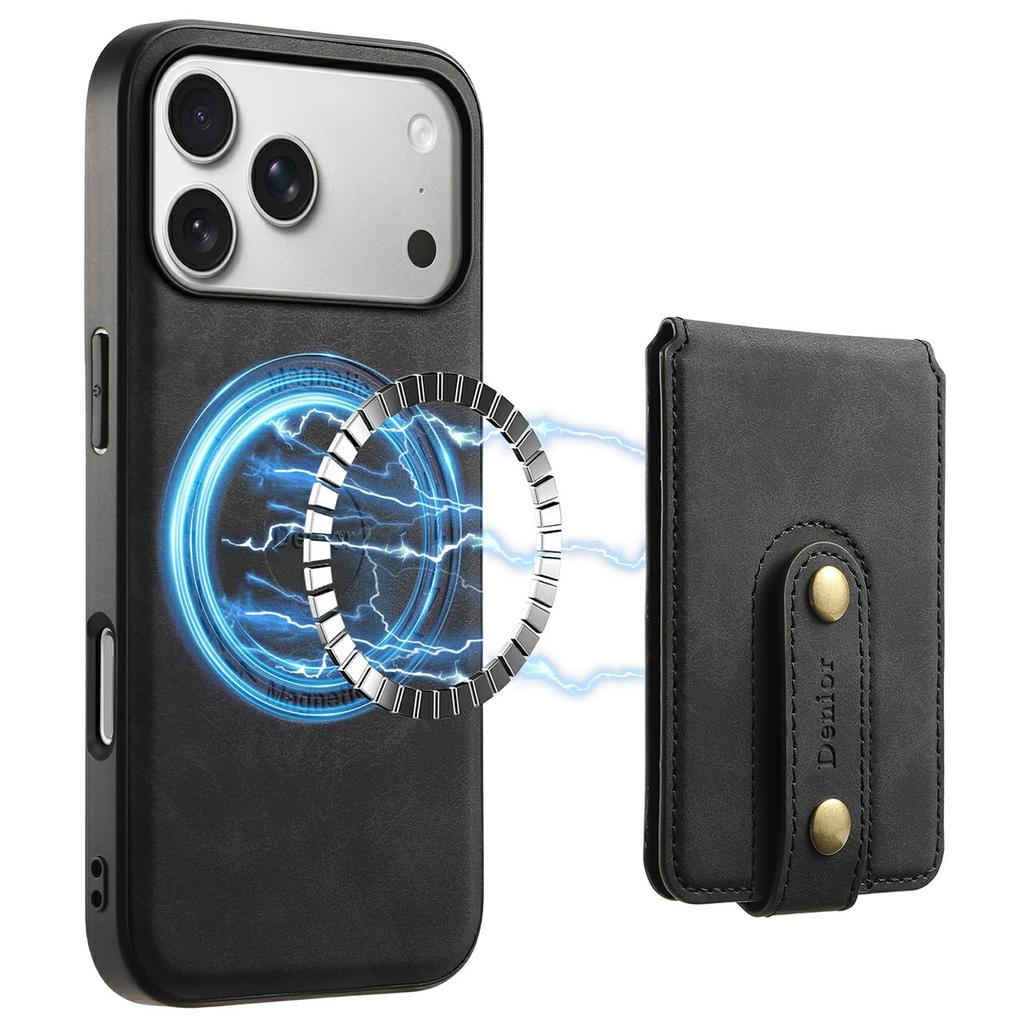 DENIOR D14 For iPhone 17 Pro Magnetic Case with Detachable Card Holder Kickstand PU+TPU+PC Phone Cover