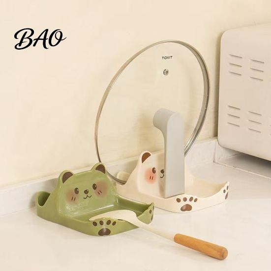 Pot Lid Organizer Cute Bear Holder for Kitchen Countertop, Multipurpose ABS Plastic Cooking Utensil Stand Spatula Spoon Rest, Easy Clean Utensils