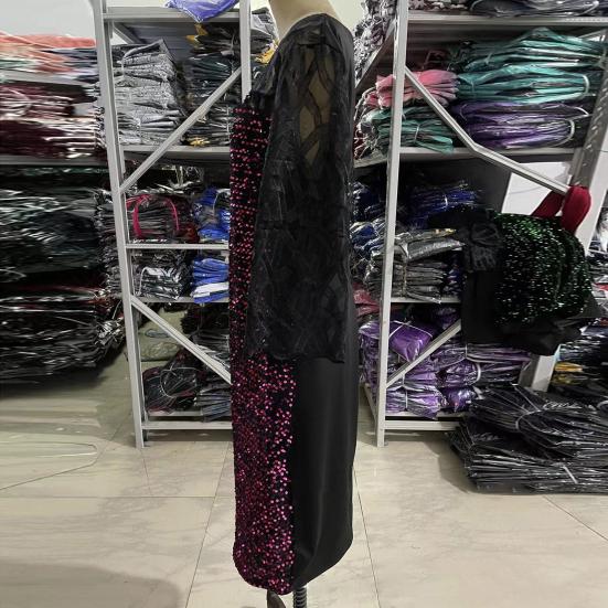 Платье бодикон с круглым вырезом 45720, рукавами, облегающее талию и бедра, с запахом на бедрах, пайетками и прозрачной сеткой