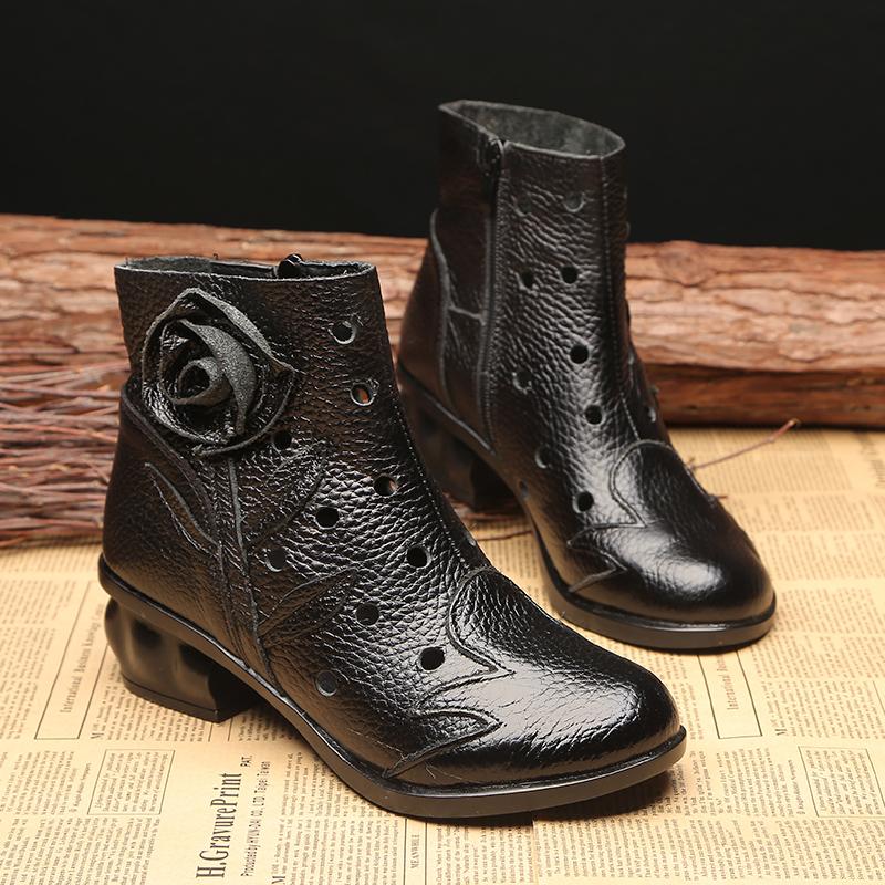 Сапоги ручной работы из коровьей кожи, женские винтажные полые туфли, оригинальные фирменные ботильоны, женские осенние меховые ботильоны на низком каблуке