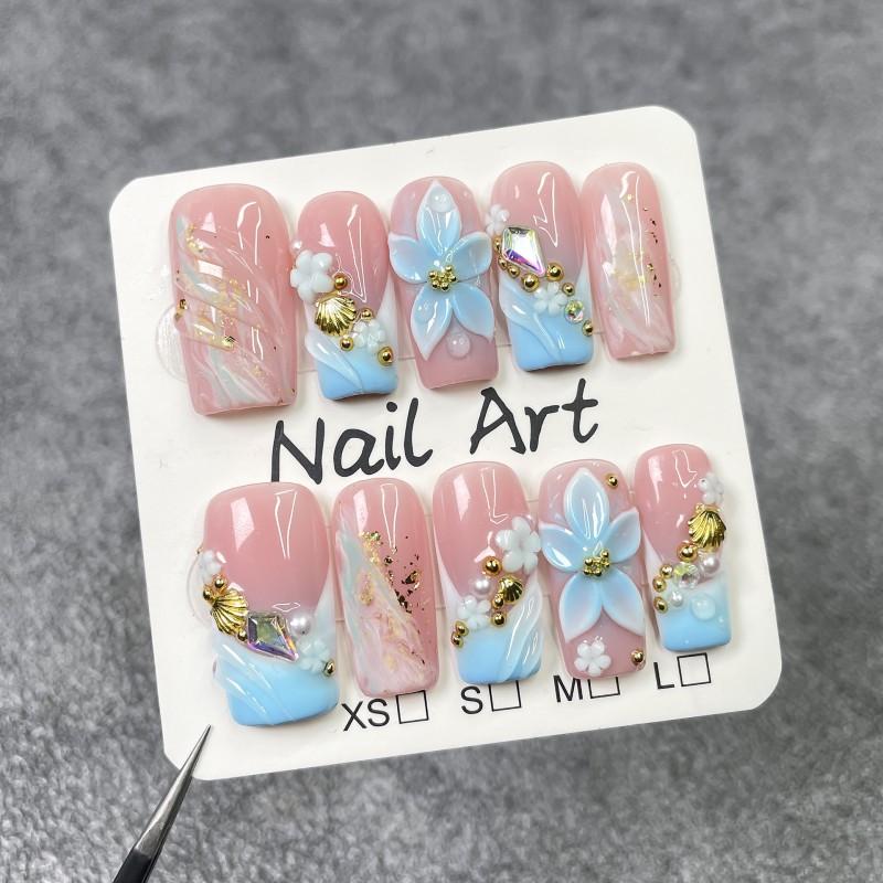 Handcrafted Press-On Nails With 3D Floral Shell Embossing Blue Pink Gradient French Tip Irregular Ombre Design Medium Length