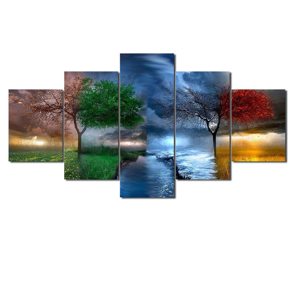 5 pieces 4 season tree landscape pictures HD print poster decoration home living room wall art modular abstract canvas painting