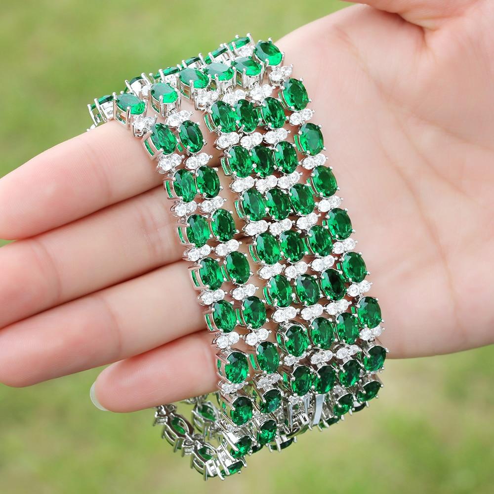 Luxury 925 Sterling Silver Emerald Gem Moissanite Diamond 18 /20cm Bracelet for Women Bangle Charm Fine