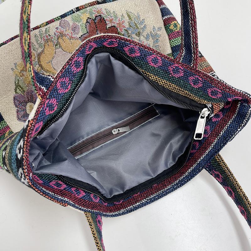 Cartoon Embroidered Canvas Handbag Women's Bag Casual Handbag Office Worker Small Satchel