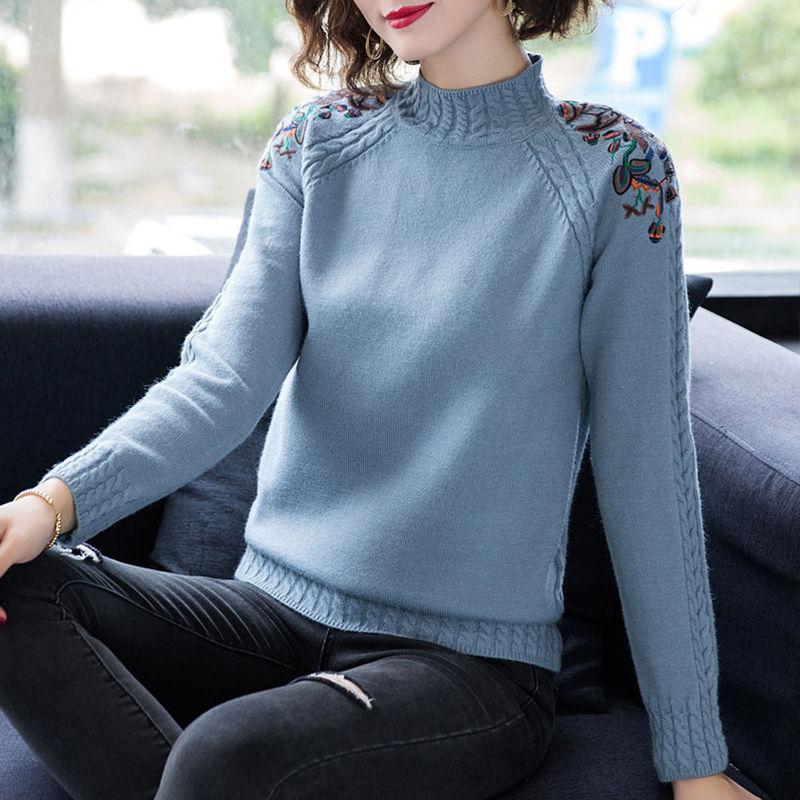 Осень-зима женский свитер теплый короткий полуводолазка свитер свободный вышитый пуловер