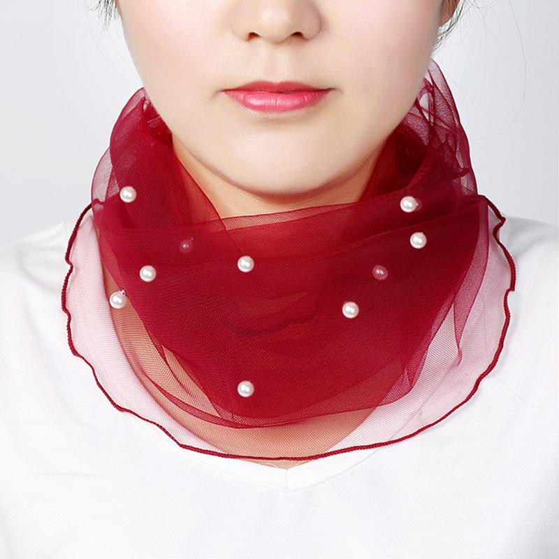 Women Clothing Accessories Transparent Scarf Circle Scarf Pearl Decor Mesh Fashion Elegant