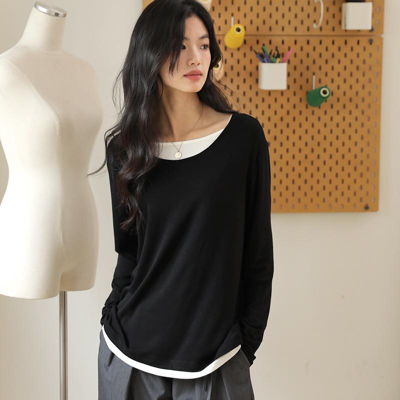 Long Sleeve Female Cold Basic Warm Shirt Fake Two Piece Bottoming Shirt Casual Clothes Round Neck Knit Shirt Tops Women Loose Solid Color Thin V-neck