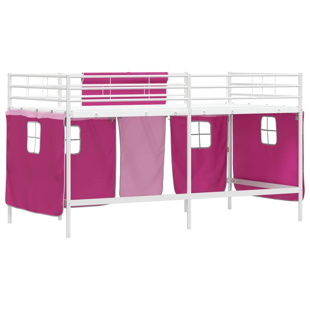 Kids Loft Bed Frame with Curtains White and Pink