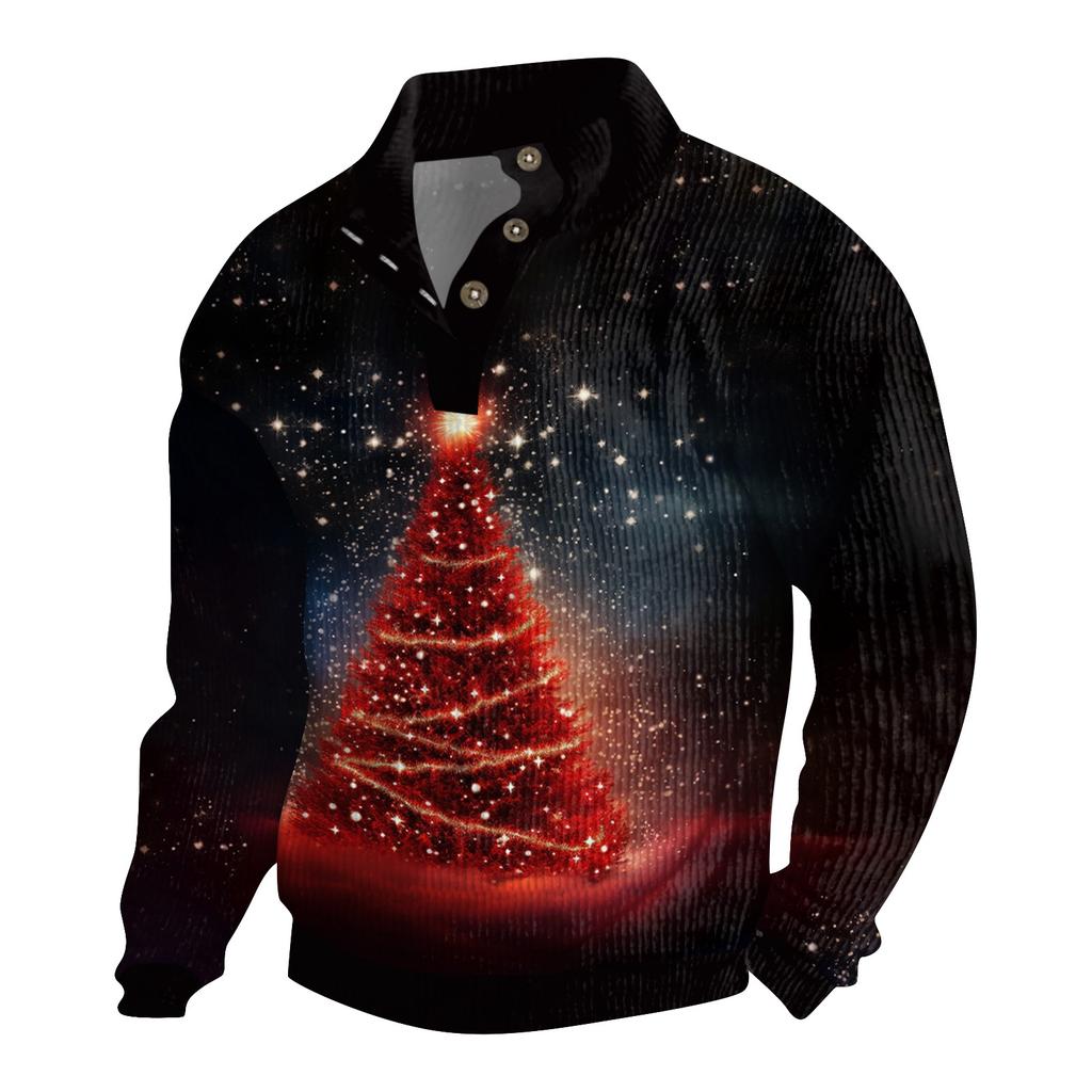 Мужская рождественская хлопковая рубашка-пуловер с длинным рукавом для активного отдыха, винтажная вельветовая рубашка с воротником-стойкой и пуговицами, повседневная толстовка с рождественским принтом