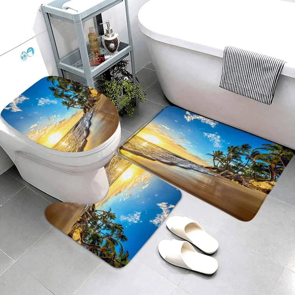 Blue Ocean Seaside Scenic Rug Set Tropical Beach Outdoor Landscape Bath Mat Toilet Mat Bathtub Bathroom Decoration Set