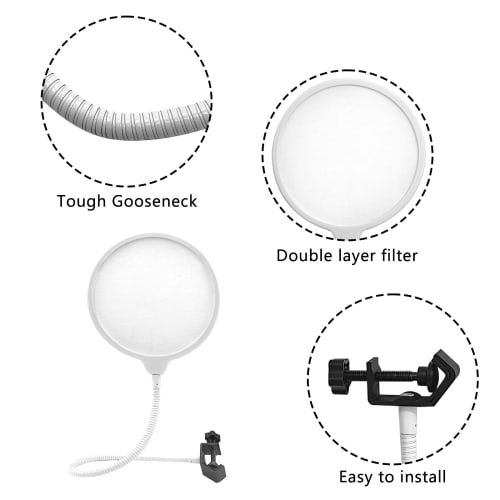 Musiin Pop Filter for Recording Microphones, Large Dual-Layer Recording Studio Pop Shield, Flexible Metal Gooseneck Professional Pop Filter (White)
