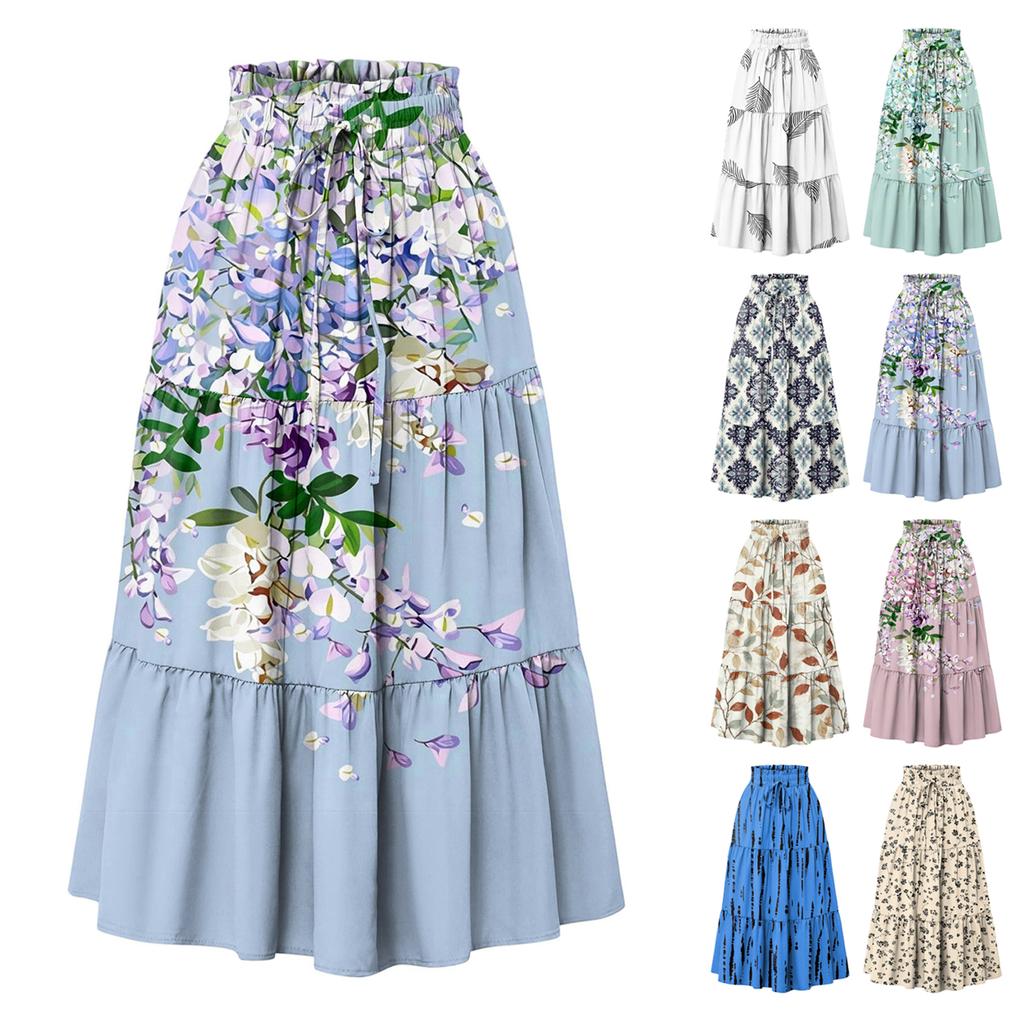 Женская юбка макси с завязками на завышенной талии, летние длинные юбки, легкие многослойные струящиеся цветочные плиссированные юбки