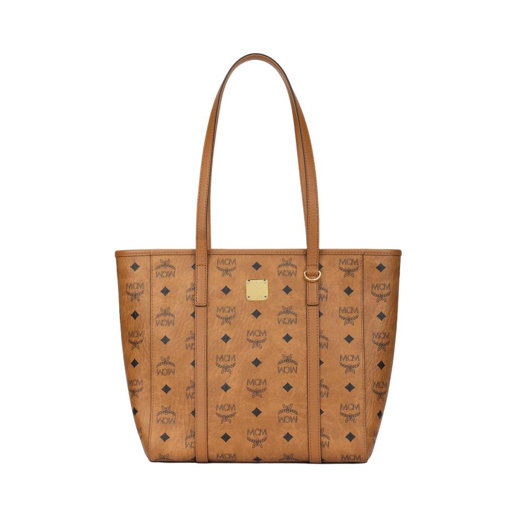 MCM Сумка-тоут Visetos Monogram цвета коньяка с золотой пластиной-логотипом и структурированным силуэтом для повседневного использования и путешествий