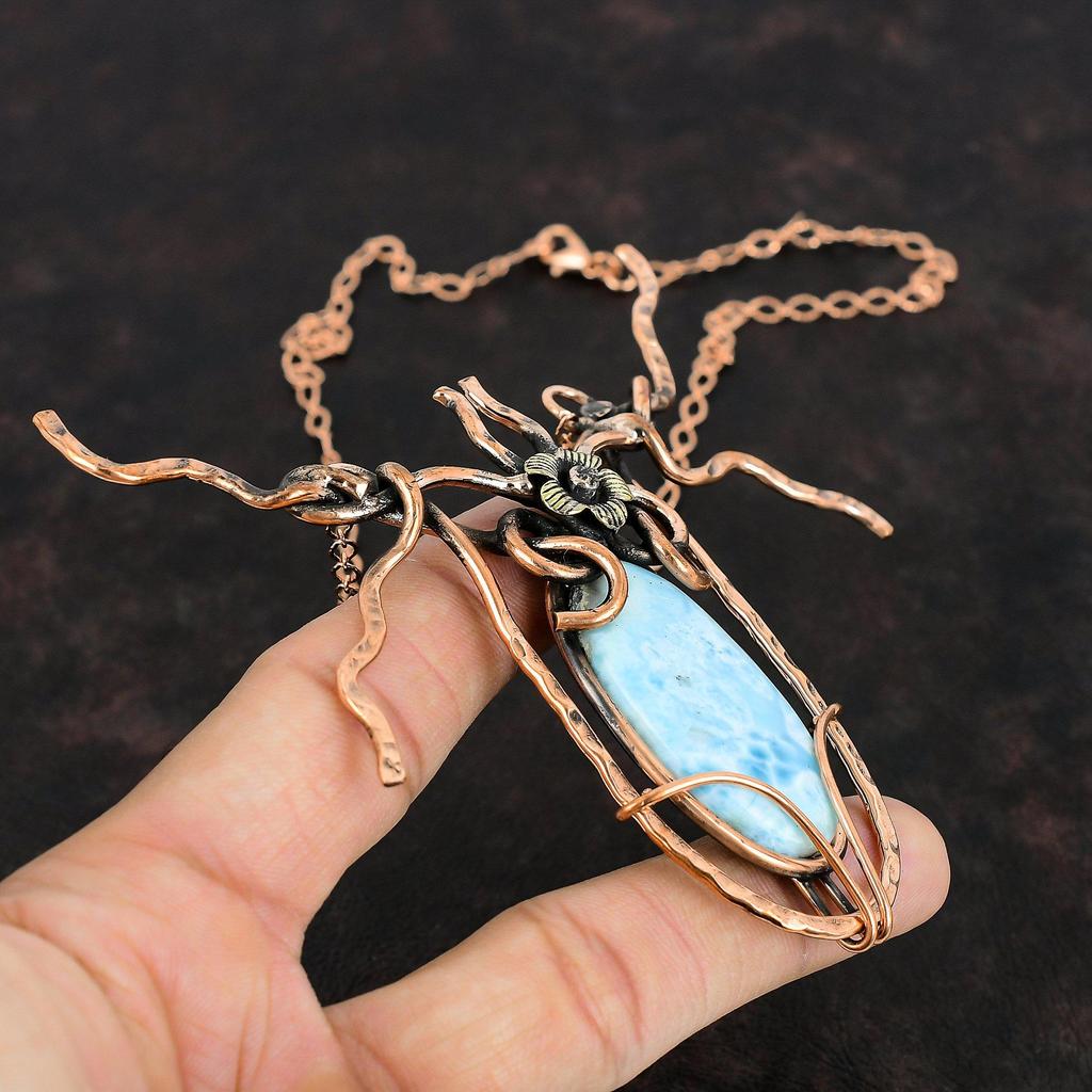 Larimar Necklace Copper Wire Wrapped Gemstone Necklace Copper Handmade Jewelry Adjustable Chain Necklace Gifts For Her Real Larimar Jewelry