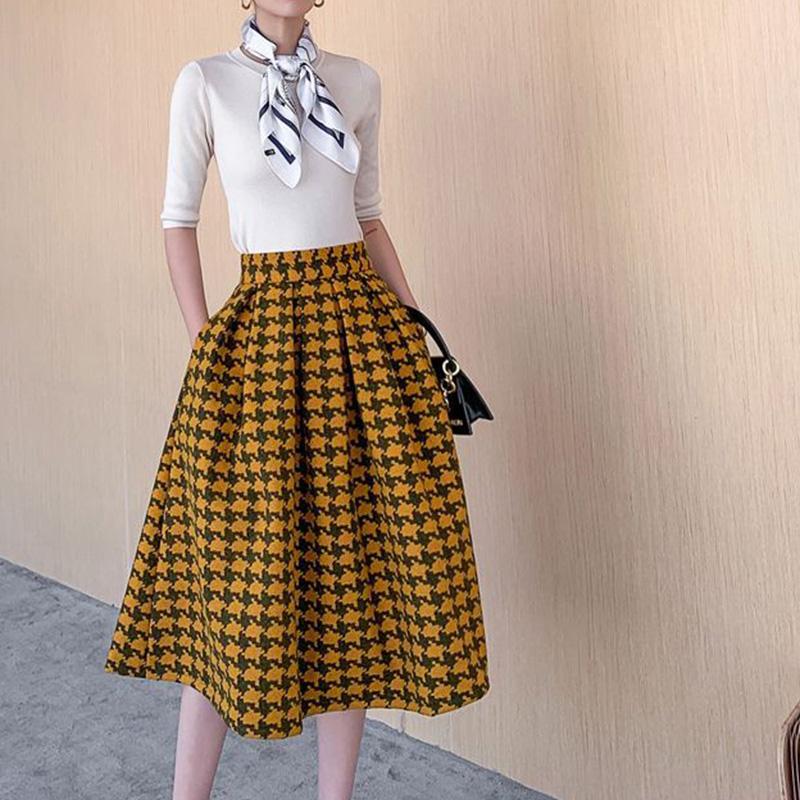 Женская шерстяная юбка в клетку, осенне-зимняя полуюбка, тонкая юбка трапециевидной формы с высокой талией и узором «гусиные лапки»