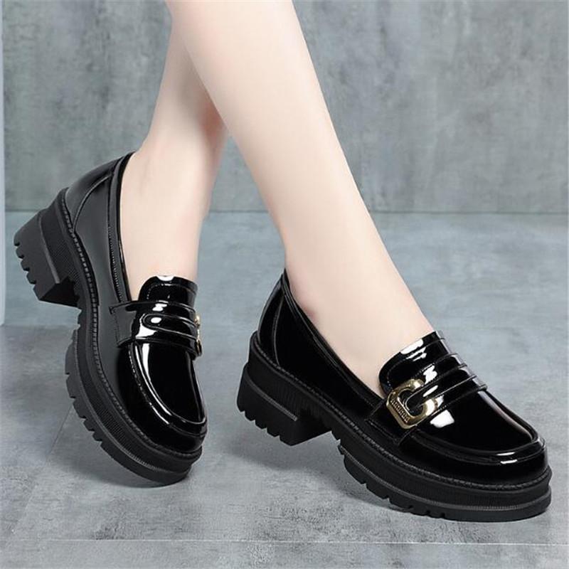 Модная обувь на высоком каблуке с глубоким вырезом, лоферы для женщин, осень 2025, лакированная кожа, массивная платформа, туфли-лодочки, женская обувь слипоны, черная офисная обувь, Мэри Джейнс