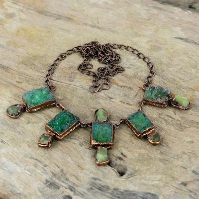 Зеленое ожерелье с друзами, медное ожерелье из гальванической формовки, аквамариновое грубое ожерелье, регулируемая цепочка, ожерелье, драгоценный камень, медные украшения, свадебный подарок