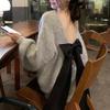 Backless Bow Grey Alpaca Wool Sweater - Autumn Korean Style Slim Fit Pullover for Women