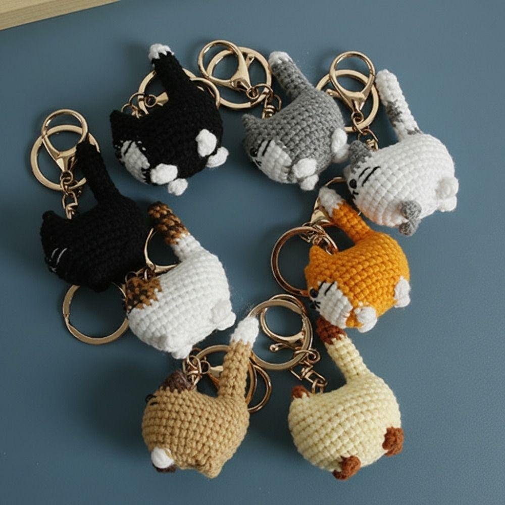 Handmade Crochet Cat Keychain Crochet Kitten Key Chains Cute Animal Bag Charm Car Keys