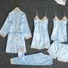 5 шт./комплект Женский сексуальный комплект пижамы Шелковый атлас Кружево Ночная рубашка Свободный Кружевная завязка на талии Домашний комплект Костюм для сна