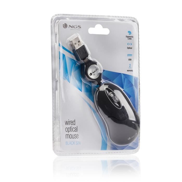 NGS Souris Optique - USB - 3 Boutons - Noir - Câble - 1000 dpi - Roulettes avec frein - Symétrique