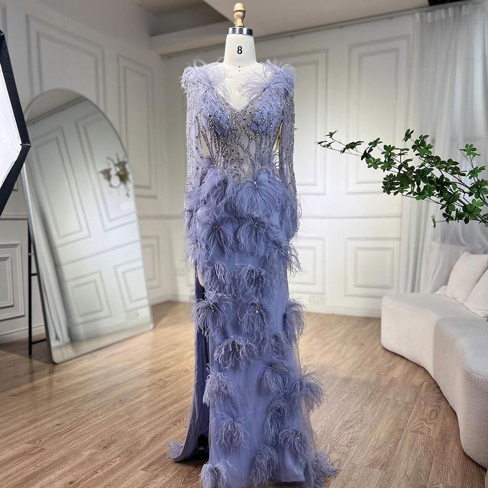 New caramel color sexy neck fishtail beads feather banquet wedding officiating dress dress LA11989