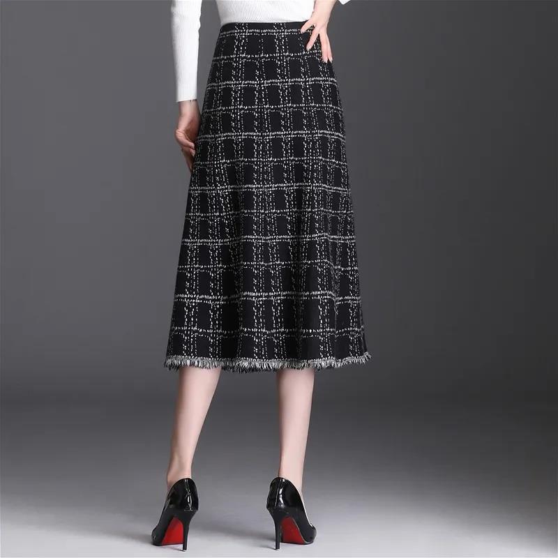 Осень-зима трикотажные юбки А-силуэта женские клетчатые юбки средней длины с кисточками корейская мода женские фалды
