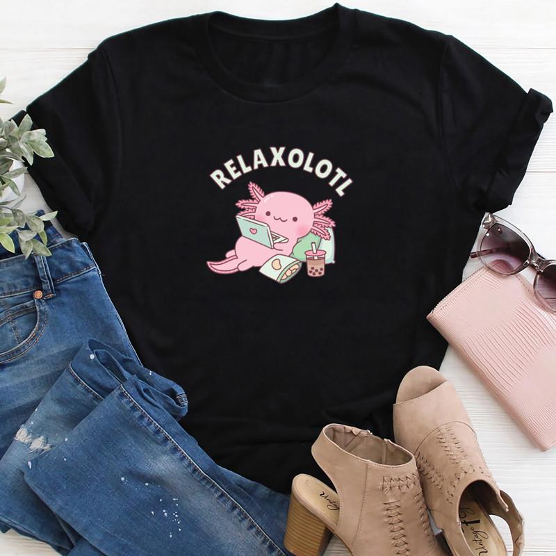 Cute Relax A Lot Axolotl Funny Pun Tshirt Unisex Printed Graphic Tee Shirts Oneck Short Sleeve Funny Cartoon Tops Tee Clothing