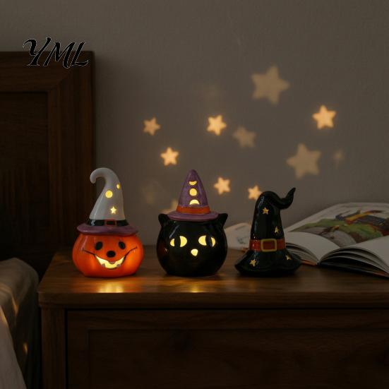 Cute Halloween Room Decoration Ceramic Tealight Holder, Lighted Ghost Pumpkin Figurine with Indoor Party Atmosphere Lamp Witch Hat, Tiered Tray