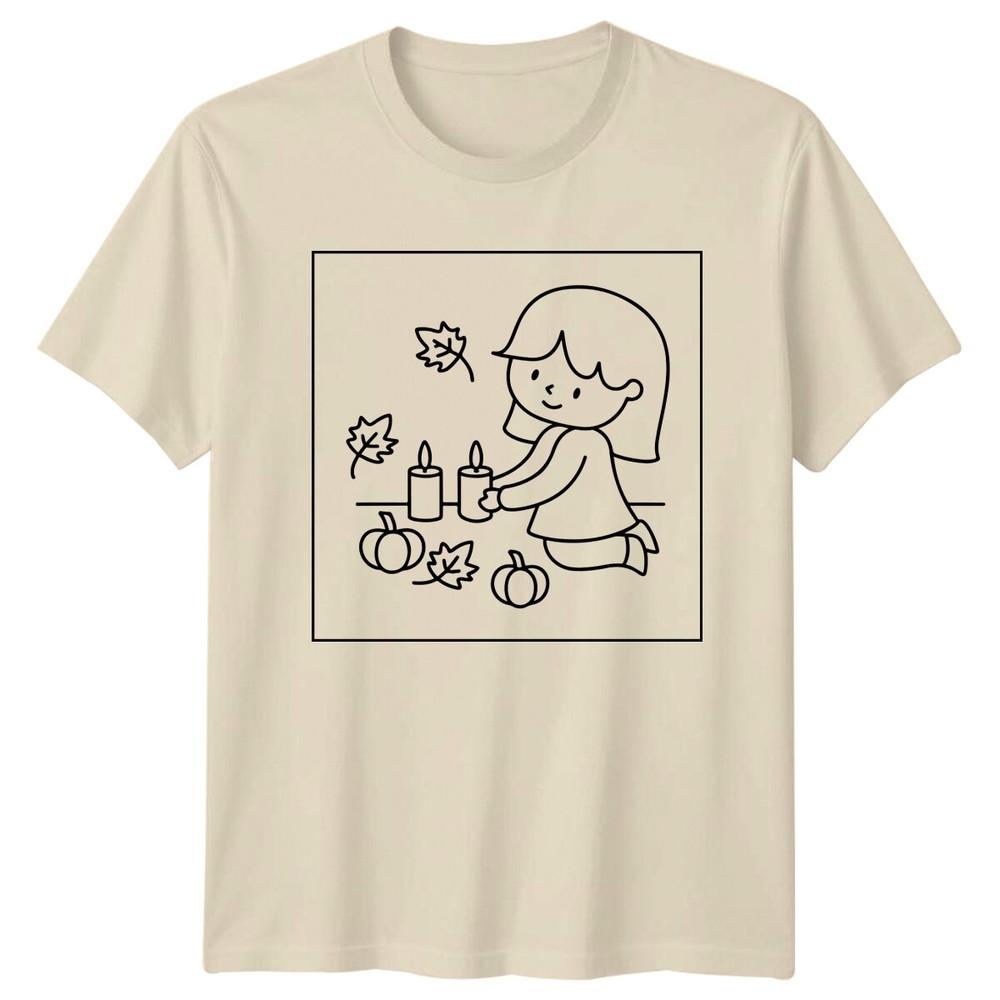 Fall Girl with Pumpkins Candles Unisexs TShirt Unisexs Tee Graphic Top