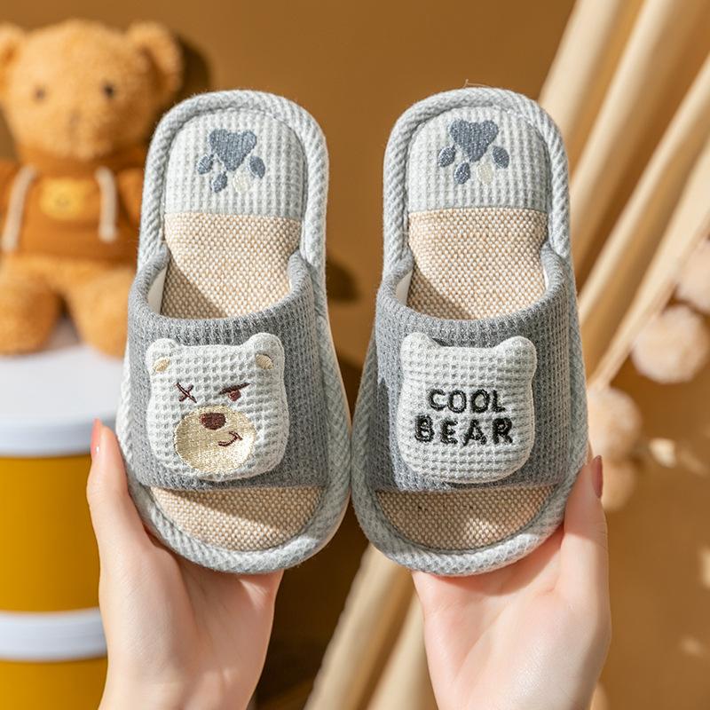 Spring and Autumn Children's Linen Slippers Women's Four Seasons Household Soft Bottom Baby Slippers Cartoon Dinosaur Parent-Child Children's Slip