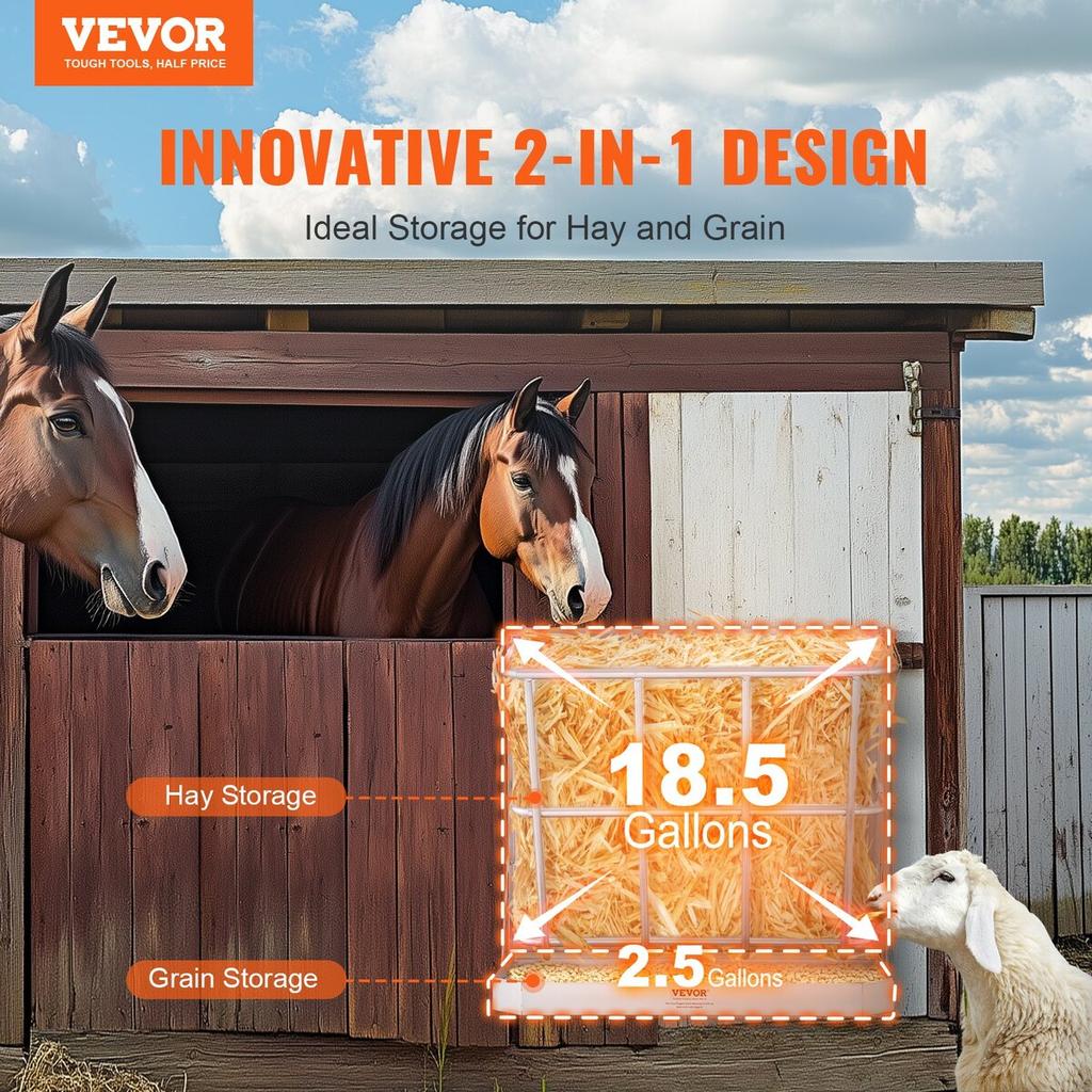 Wall Mounted Goat Hay Feeder 2 in 1 Hay and Grain Feeder 21 Gallons