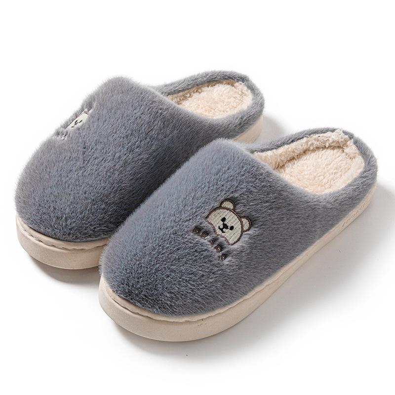 Cotton Slippers Women's Autumn and Winter Home Wear-resistant Cartoon Embroidery Warm Non-slip Thick-soled Embroidery Plush Couple Confinement Shoes