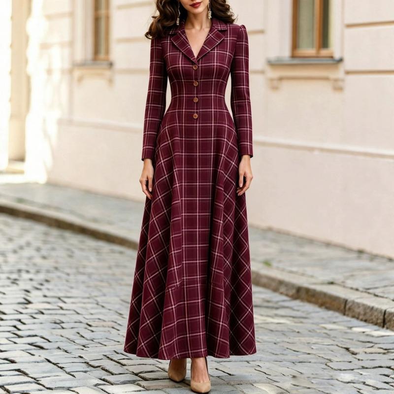 Women S Plaid Suit Style Long Sleeve Long Dress For Commute