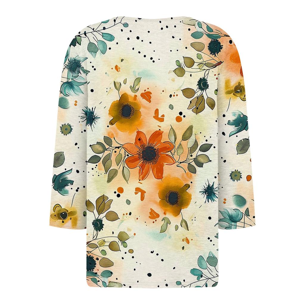 Жен. Футболка Футболка С принтом Пуговицы Рукав 3/4 Повседневные Выходные Мода Классический Классический V-образный вырез Обычный Верх