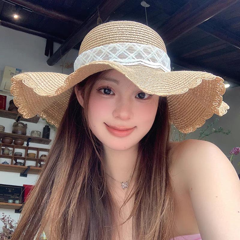 Шляпа от солнца на открытом воздухе, женская, волнистый край, кружевной бант, шляпа от солнца, стиль отпуска, пляжная, морская шляпа от солнца
