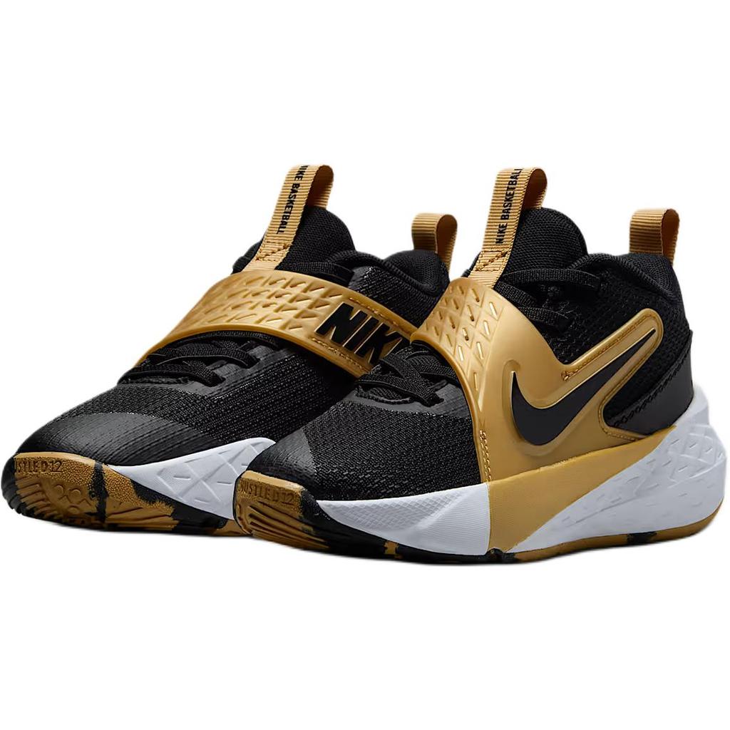 Nike Team Hustle D12 PS Black Metallic Gold Kids Sneakers White HF6280-003