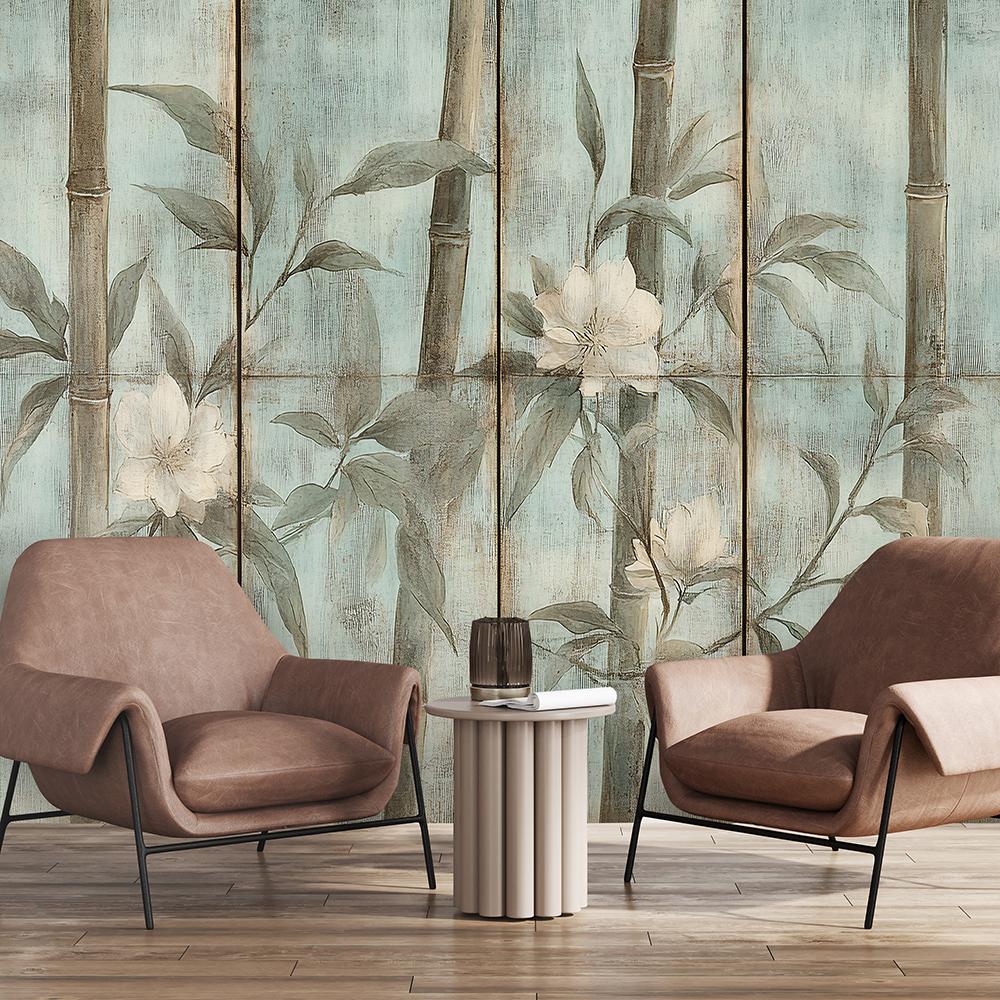 Wallpaper bamboo shoots with flowers on textured background