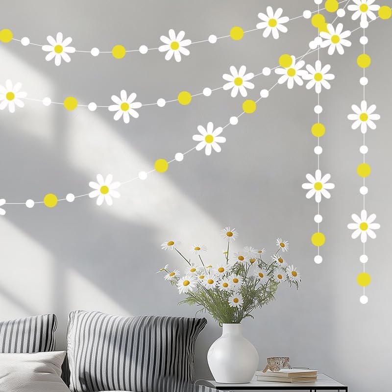 52.5 Ft Yellow White Polka Dot Daisy Hanging Garland Banner Groovy Boho Daisy Paper Garlands for Birthday Baby Shower Wedding Bridal Shower