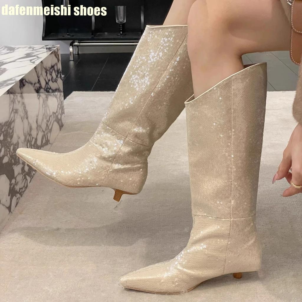 Длинные сапоги с острым носком для женщин Осень Зима 2025 Новые Блестящие С пайетками Сексуальные Сапоги до середины икры Сапоги на каблуке-рюмочке Блестящие Рыцарские сапоги