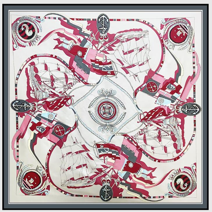 New Silk Scarf Women Large Shawls Fashion Sailing Boat Square Bandana Luxury Kerchief Hijab Scarf Female Foulards 130CM