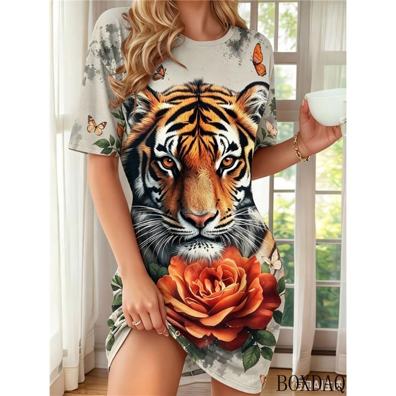 Summer Women's Home Dresses Casual Short Sleeved Round Neck Tiger Loose Dress