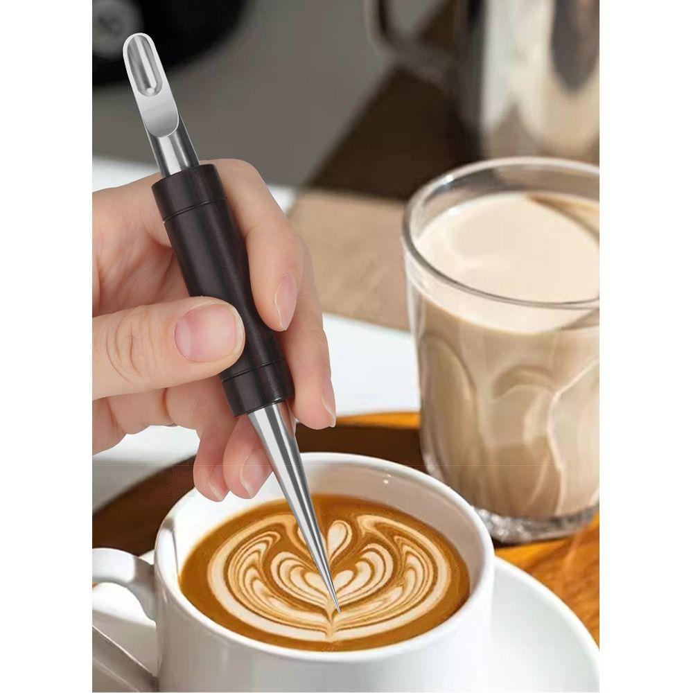 Stainless Steel Tip Latte Art Pen Wood Handle Latte Art Practice Pen Coffee Floral Carvings