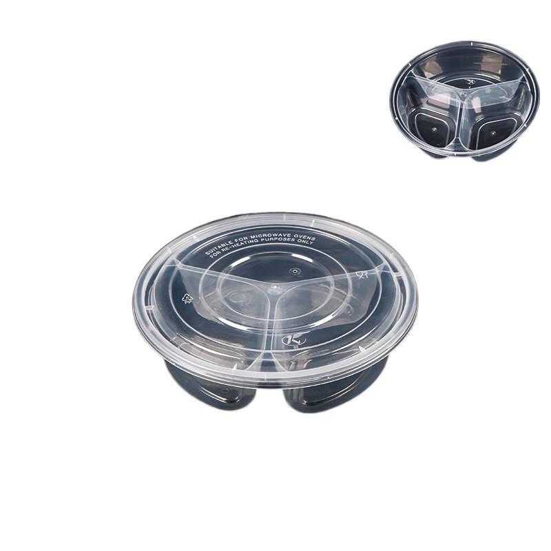 European & American Round Three-Compartment Disposable Lunch Box, Thickened Transparent Black Container for Takeaway Packaging