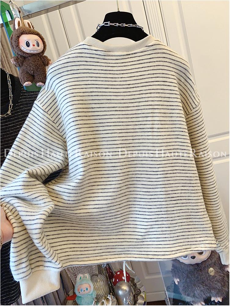 Korean Style Embroidered Pumpkin Stripe Long Sleeve Women's Plus Size Casual Top
