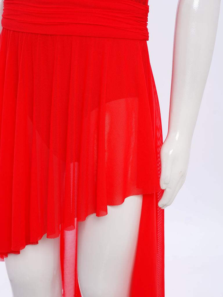 Girls Lyrical Performance Costume Shiny Sequins Sleeveless Asymmetrical Dance Dress with Sheer Mesh Skirt